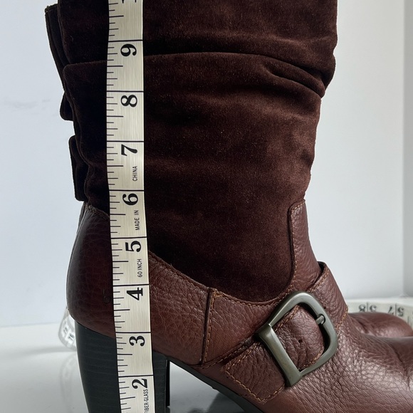 BOC BORN Chocolate Brown Leather Boho Buckle Pull On Mid Calf Block Heel Boots - Picture 13 of 14
